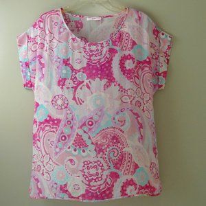 LEGGIADRO Pink Paisley Floral 100% Silk Short Cap Sleeve Blouse Size 5 (Large)